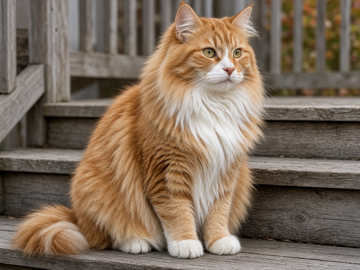 Sibirisk katt med röd päls, vit mage, hals och tassar